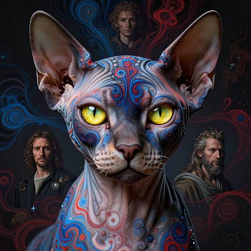 Digital artwork of a surreal, blue and red patterned cat with glowing yellow eyes, flanked by two mystical, shadowy men. Swirling,
