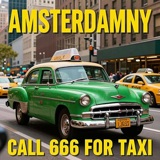 Photograph of a green vintage taxi with a 