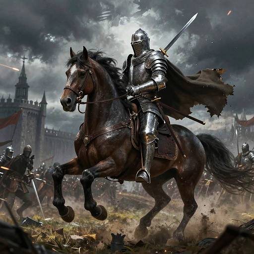 Digital art of a armored knight on a galloping black horse, wielding a sword in a chaotic, cloudy battlefield with castle in background.