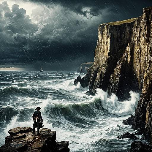 Pirate Standing on Rocky Cliff in Stormy Sea
