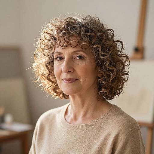 Photograph of an elderly woman with curly, light brown hair, wearing a beige sweater, smiling softly in a sunlit studio.