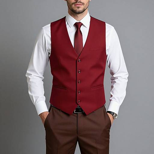 Photograph of a man with a trimmed beard, wearing a white shirt, maroon vest, matching tie, and brown pants, with hands in pockets