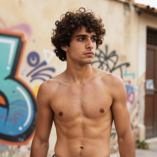 Photograph of a shirtless, young, curly-haired, tan-skinned man with a lean, muscular build, standing in front of a graffiti-covered