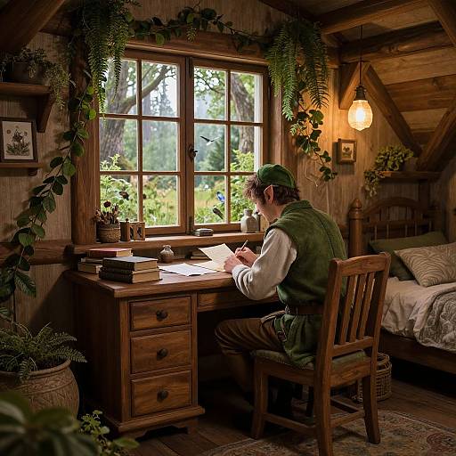 Photograph of a rustic wooden room: a man in green vest and cap writes at a desk by a sunny window, surrounded by plants and warm,