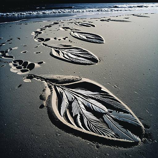 Feather Footprints on Beach Sand