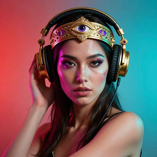 Photograph of an Asian woman with glowing skin, dark hair, wearing a gold headpiece with an eye, and large black headphones, against a gradient