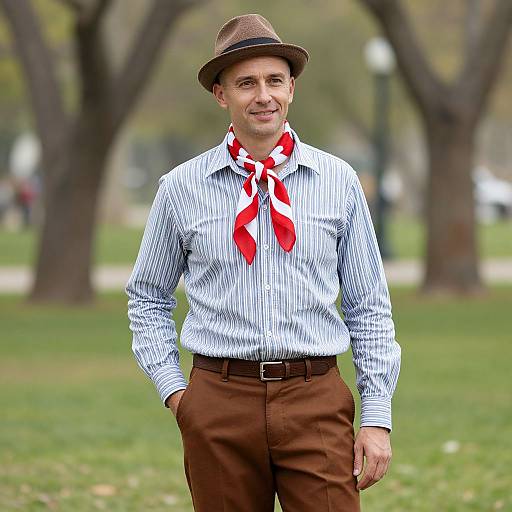 Photograph of a smiling man in a brown hat, blue striped shirt, red necktie, brown pants, standing in a park.