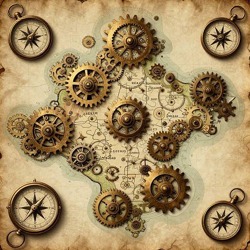 Steampunk Map with Clockwork Gears and Compasses