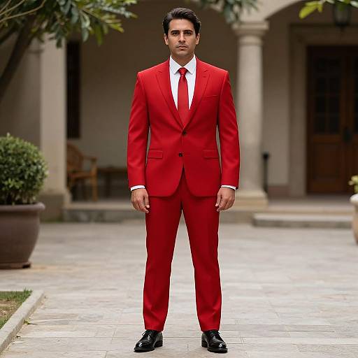 Photograph of a serious-looking man in a bright red suit with a white shirt and red tie, standing on a stone-paved courtyard with architectural columns