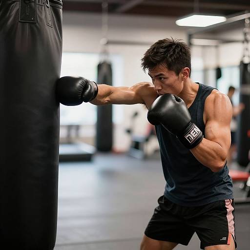 Photograph of a muscular Asian man in a black tank top and shorts, punching a black punching bag in a modern gym.