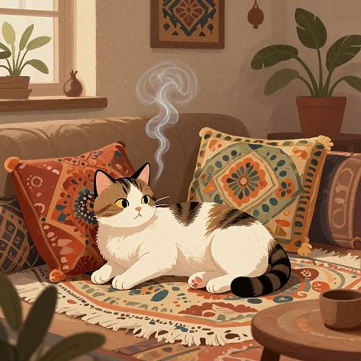 Digital artwork of a calico cat lounging on a colorful, patterned rug, surrounded by decorative pillows, with a potted plant and window in