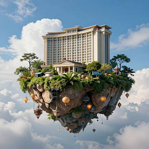 Digital illustration of a floating hotel on a lush, tropical rock island with lanterns, trees, and a clear blue sky background.