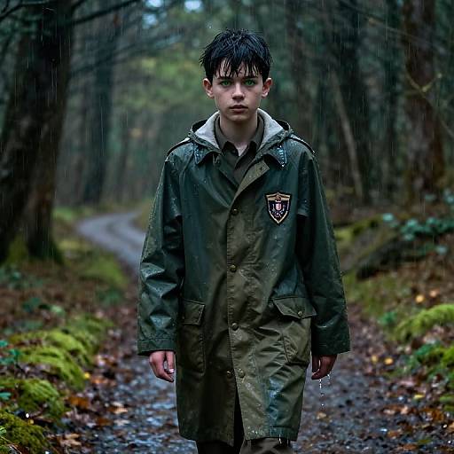Photograph of a young boy with wet, dark hair, wearing a green raincoat, walking down a forest path during rain. Moody, overcast
