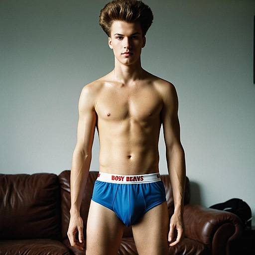 Young Man in Blue Briefs Standing Indoors