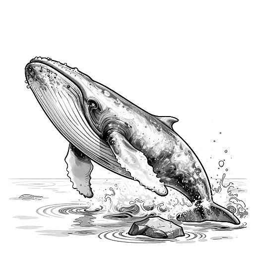 Black-and-white ink illustration of a large humpback whale leaping out of water, splashing around, with detailed textures and dynamic lines.