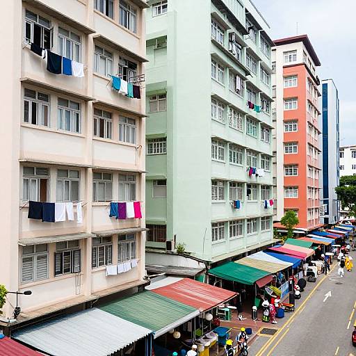 Photograph of urban street scene with three multi-story apartment buildings, laundry hanging from windows, colorful market stalls, and bustling pedestrians.