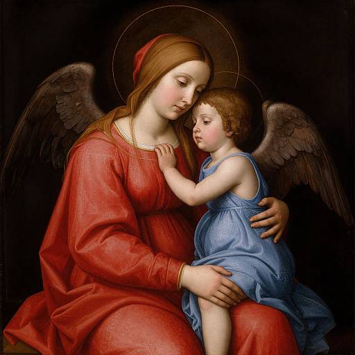 Digital painting of a pale-skinned Virgin Mary in a red dress, holding a chubby, angelic Jesus with black wings, in a blue dress,