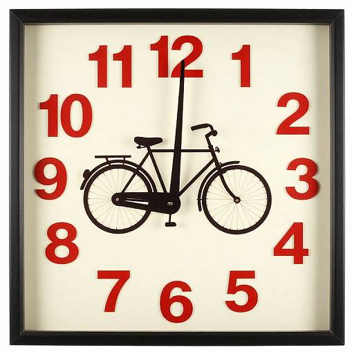 Black bicycle silhouette clock with bold red numbers on a white background, framed in black. Minimalist design.
