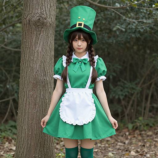 Young Asian woman in green leprechaun costume with white apron, tall hat, and green stockings, standing in a forest. Photographic image