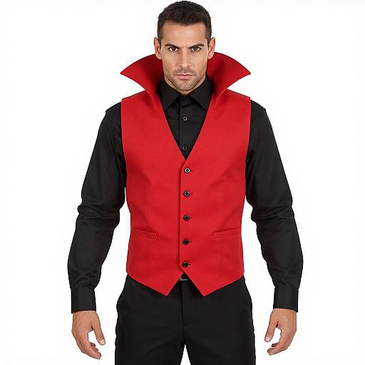 Photograph of a muscular, bearded man with short dark hair, wearing a black shirt, red vest with high collar, and black pants, standing