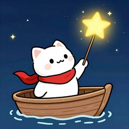 Cute white cat with black eyes and red scarf holds glowing yellow starstick in wooden boat on dark blue night water. Digital illustration.