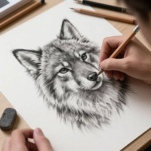 Photograph of realistic black-and-white wolf sketch on white paper, hands drawing with pencil, additional pencils and eraser in background.