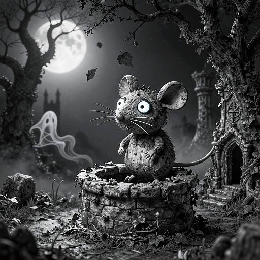 Black-and-white digital illustration of a wide-eyed, furry mouse sitting on a stone pedestal in a spooky, moonlit forest with a ghost, crumbling ruins