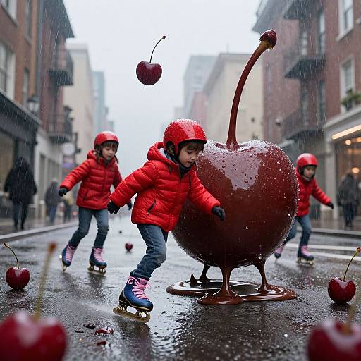 Photograph of three children in red hooded jackets ice-skating past a giant, melting chocolate cherry sculpture with floating cherries on a rainy, urban