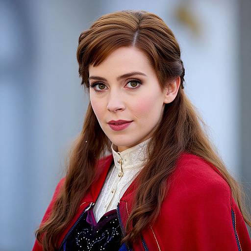 Photograph of a fair-skinned woman with long, brown hair, wearing a red cloak, white lace high-neck blouse, and black dress, looking