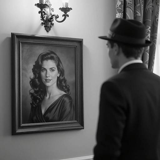 Man looking at portrait in black and white