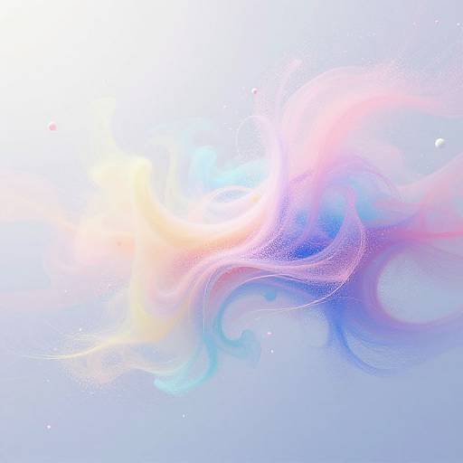 Abstract digital art featuring swirling, ethereal waves of pastel blue, pink, and yellow hues blending on a white to light blue gradient background.