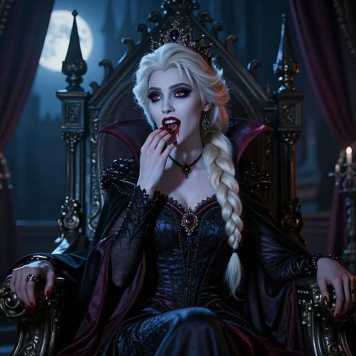Digital artwork of a pale, blonde, gothic vampire queen with red lipstick, black lace corset, and crown, biting her finger while seated on