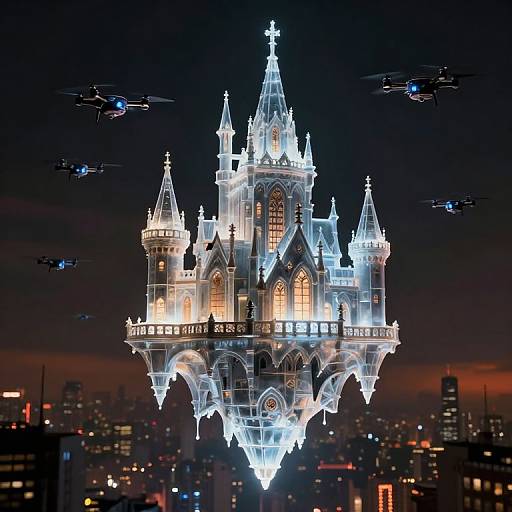 Photorealistic CGI of a glowing, futuristic, Gothic-style castle hovering above a city at night, surrounded by flying drones.