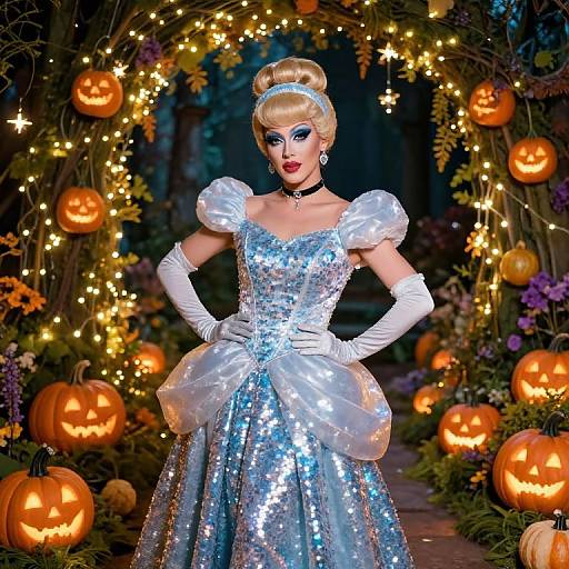 Photograph of a blonde, blue-eyed Barbie doll in a silver sequined, puffy-sleeve gown, white gloves, and choker,