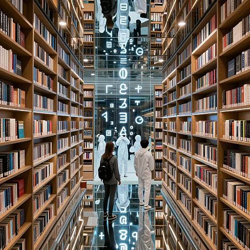 Photograph of a library aisle with bookshelves on both sides, people in the foreground, and blue glowing white numbers and symbols in the center.