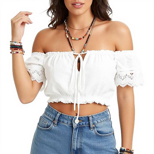 Photograph of a woman with medium skin tone, wearing a white off-the-shoulder lace crop top, high-waisted denim jeans, layered
