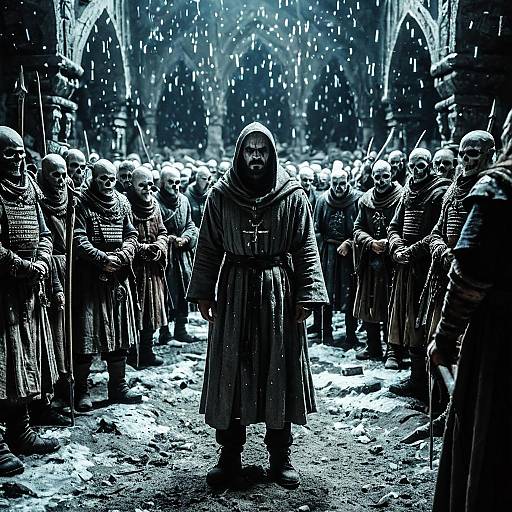 Gravekeeper Among Bone Warriors in Gothic Setting