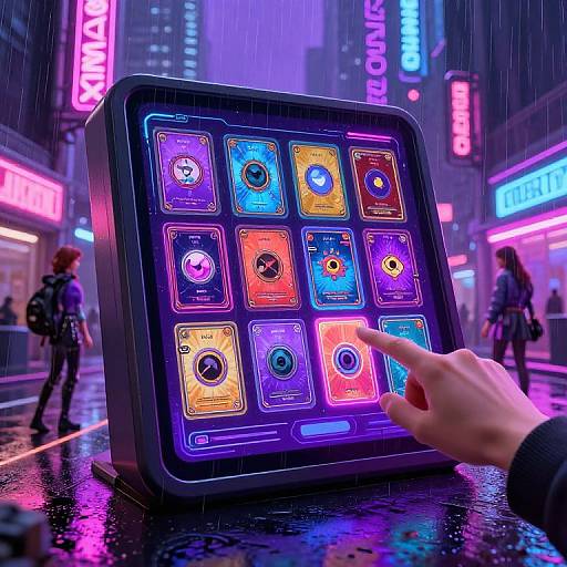 Neon-lit cyber city street at night, raining. A hand points at a glowing, futuristic interface panel with colorful icons on a wet, reflective