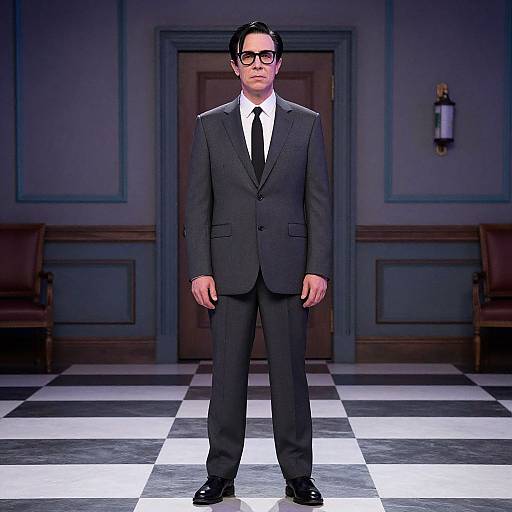 Photograph of a man in a black suit, white shirt, black tie, and glasses, standing on a black-and-white checkered floor, in