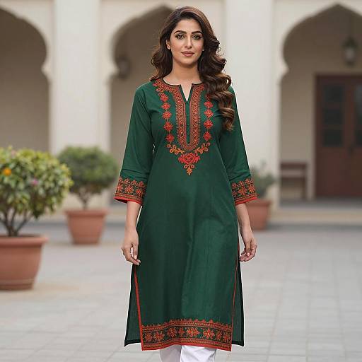 Woman Wearing Green Embroidered Pakistani Kameez