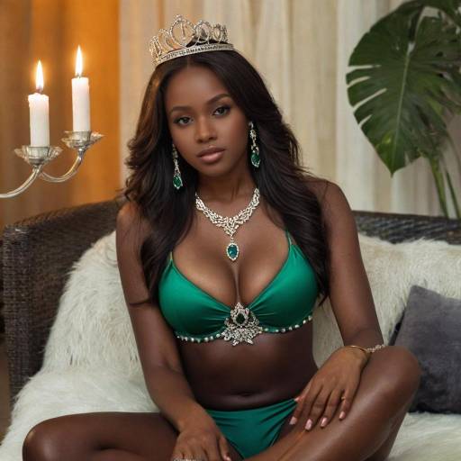 Elegant Woman in Green Bikini with Crown by Pool
