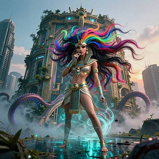 Digital art of a vibrant, rainbow-haired Egyptian goddess standing in a futuristic, misty city with ancient ruins and skyscrapers. She wears a gold