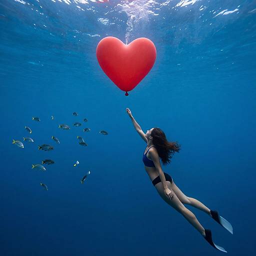 Underwater photograph of a woman in a black bikini and fins reaching for a red heart-shaped balloon, surrounded by fish in a deep blue ocean.