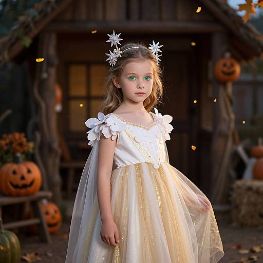 Photograph of a young girl with blue eyes, wearing a white floral dress, golden tulle skirt, and snowflake headpiece, standing in front