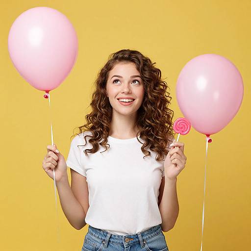 Cheerful Woman with Balloons and Lollipop