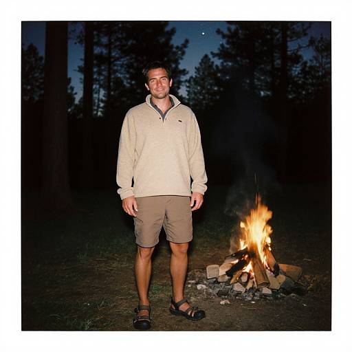 Photograph of a bearded man in a beige hoodie and khaki shorts standing in front of a campfire at night in a forest.