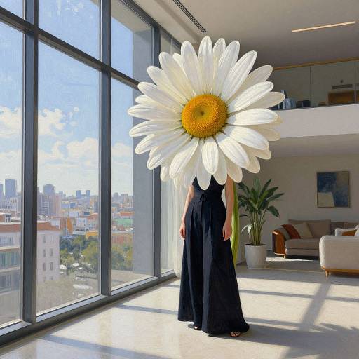 Photograph of a woman in a black dress, standing in a sunlit modern apartment, wearing a large white daisy headpiece with a yellow center