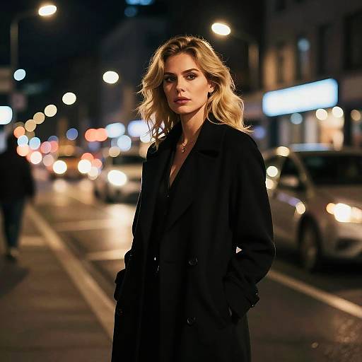 Photograph of a blonde woman with wavy hair in a black coat, standing on a nighttime city street, blurred car lights and buildings in the background