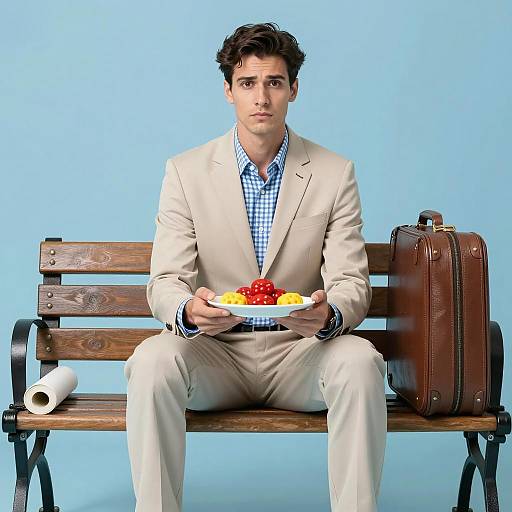 Man in Beige Suit with Colorful Food