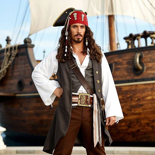 Photograph of a rugged pirate with long brown hair, red bandana, white shirt, black vest, brown pants, standing in front of a wooden